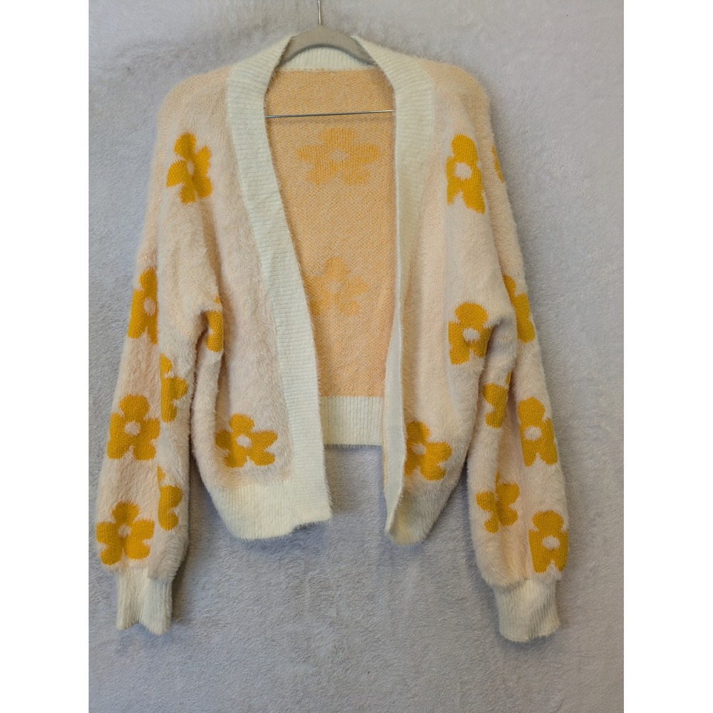 Chouyatou Cardigan Women's XS Cream Yellow Floral Fuzzy Open Front